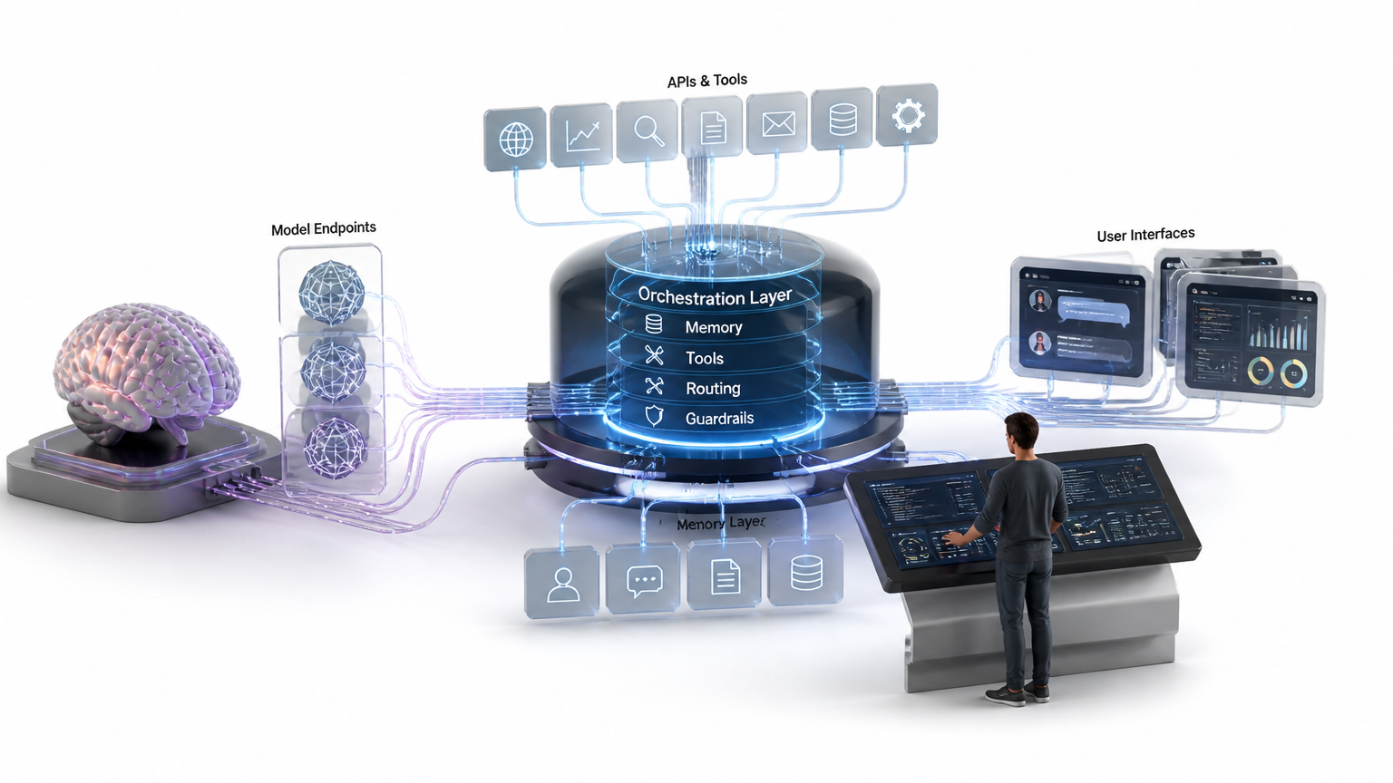 The Agentic Orchestration Layer Abstract visualization of a neural network and digital orchestration representing multi-agent systems