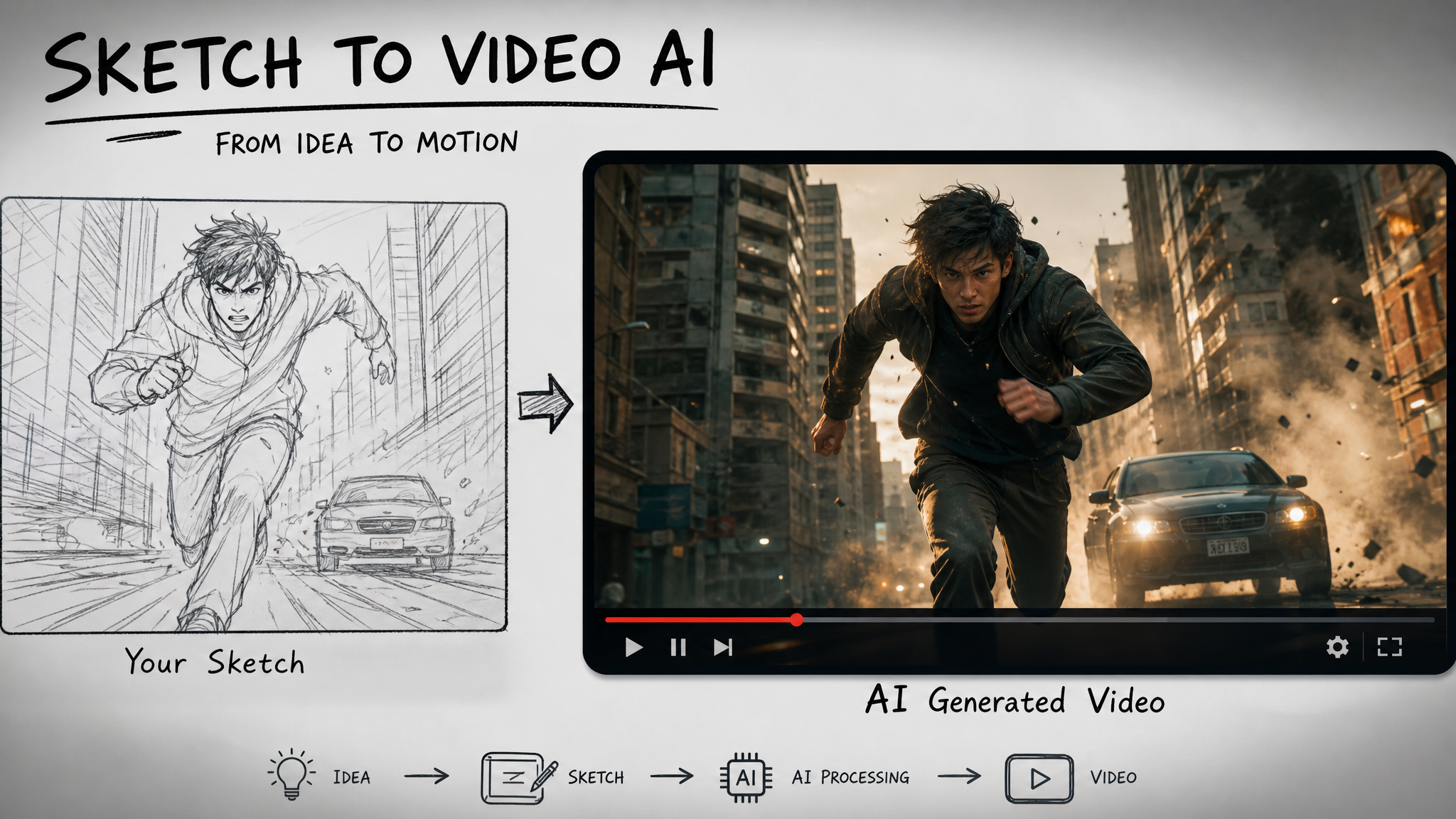 Sketch to video AI 2026 &mdash; how rough hand-drawn sketches and storyboard frames are converted into animated rendered video using generative AI models, edge interpretation, text prompt conditioning, and motion generation