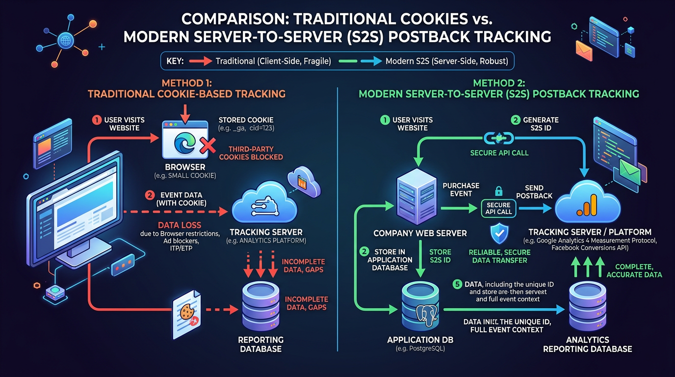 Technical architecture diagram showing how traditional cookies are dropped by browsers vs modern server-to-server (S2S) postback tracking.