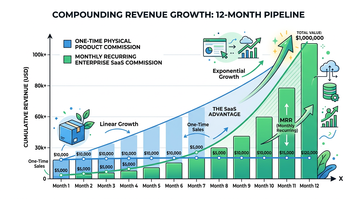 Compounding revenue chart showing the exponential growth difference between a one-time physical product commission and a monthly recurring enterprise SaaS commission over 12 months.