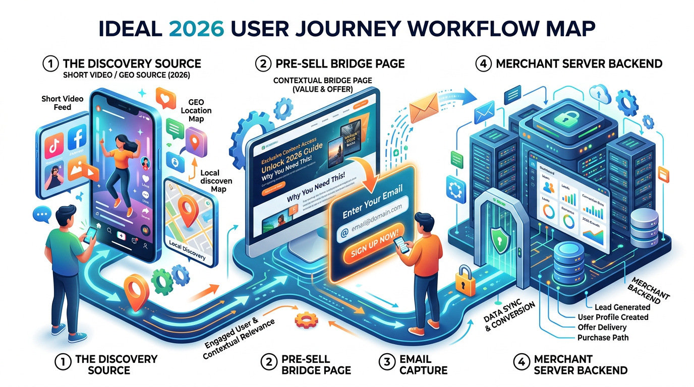 Workflow map of the ideal 2026 user journey from a short video/GEO source, through a contextual pre-sell bridge page with email capture, and finally to the merchant server backend.