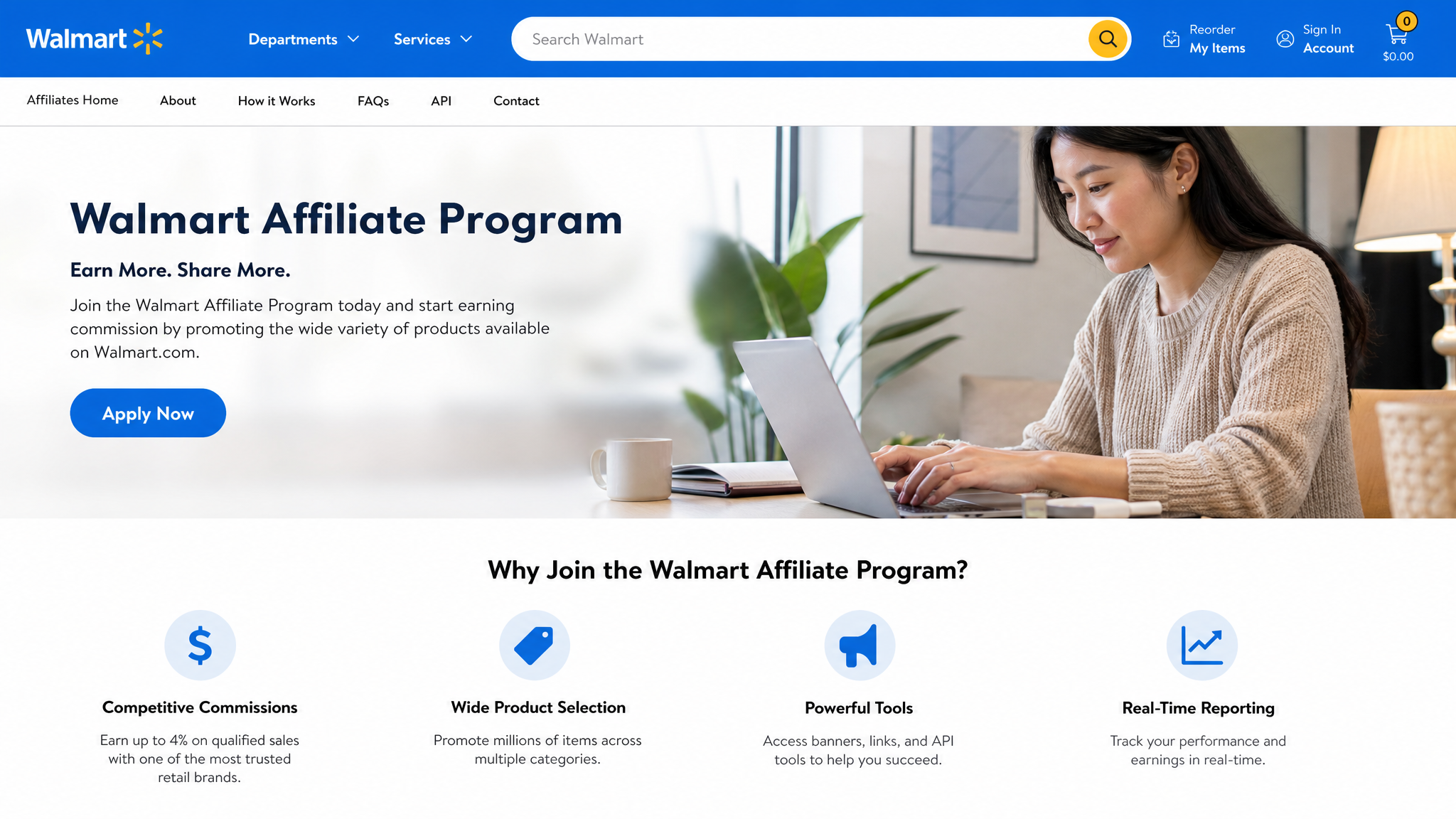 Walmart affiliate program 2026 complete guide &mdash; how to join via Impact or Walmart Creator, commission rates by category, and content strategy for bloggers and social media creators
