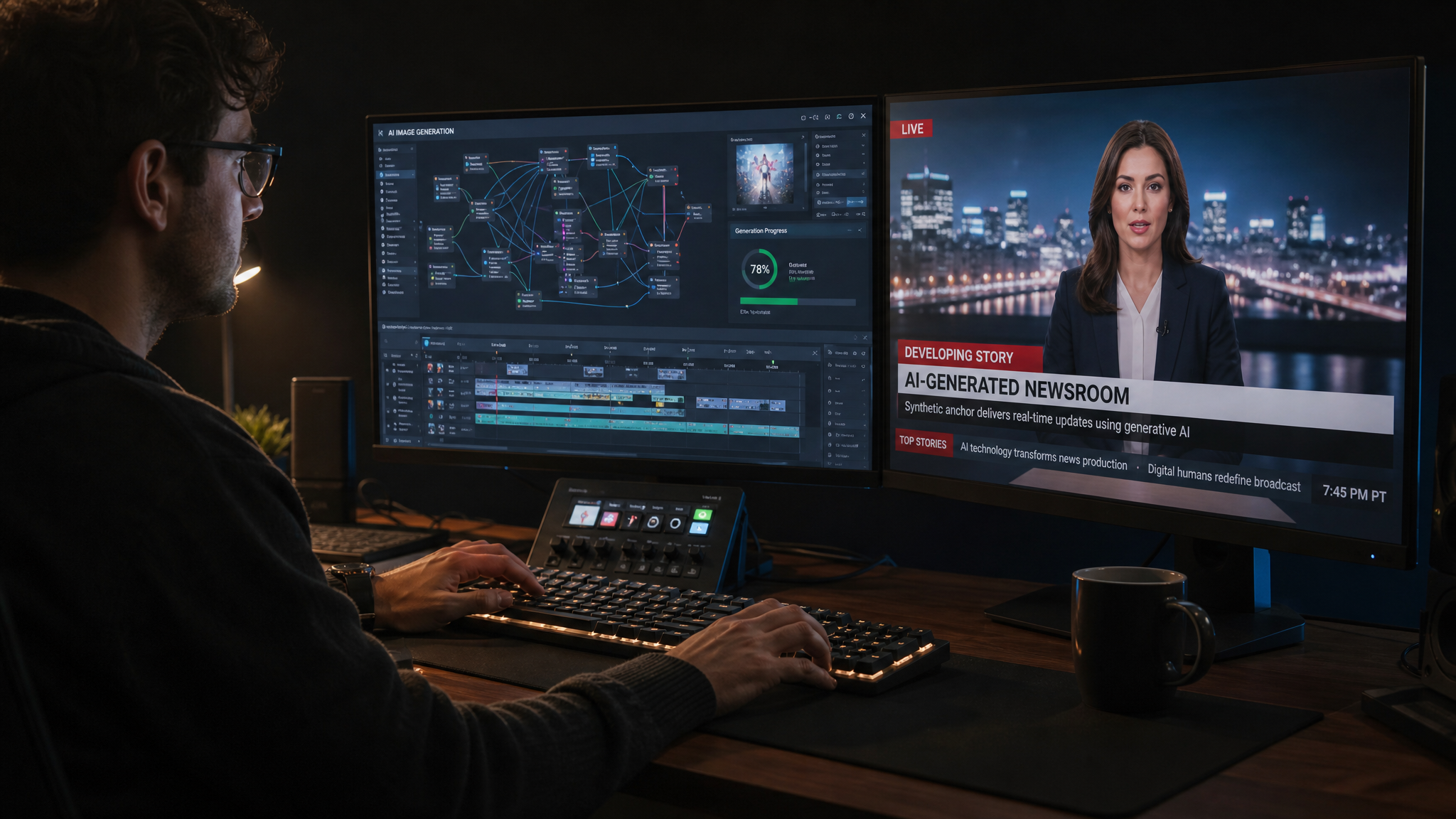 AI news video generator workflow 2026 showing how a text script is converted into a broadcast-ready news segment with AI avatar presenter, synthesized voiceover, auto-sourced b-roll visuals, and burned-in captions in under 5 minutes