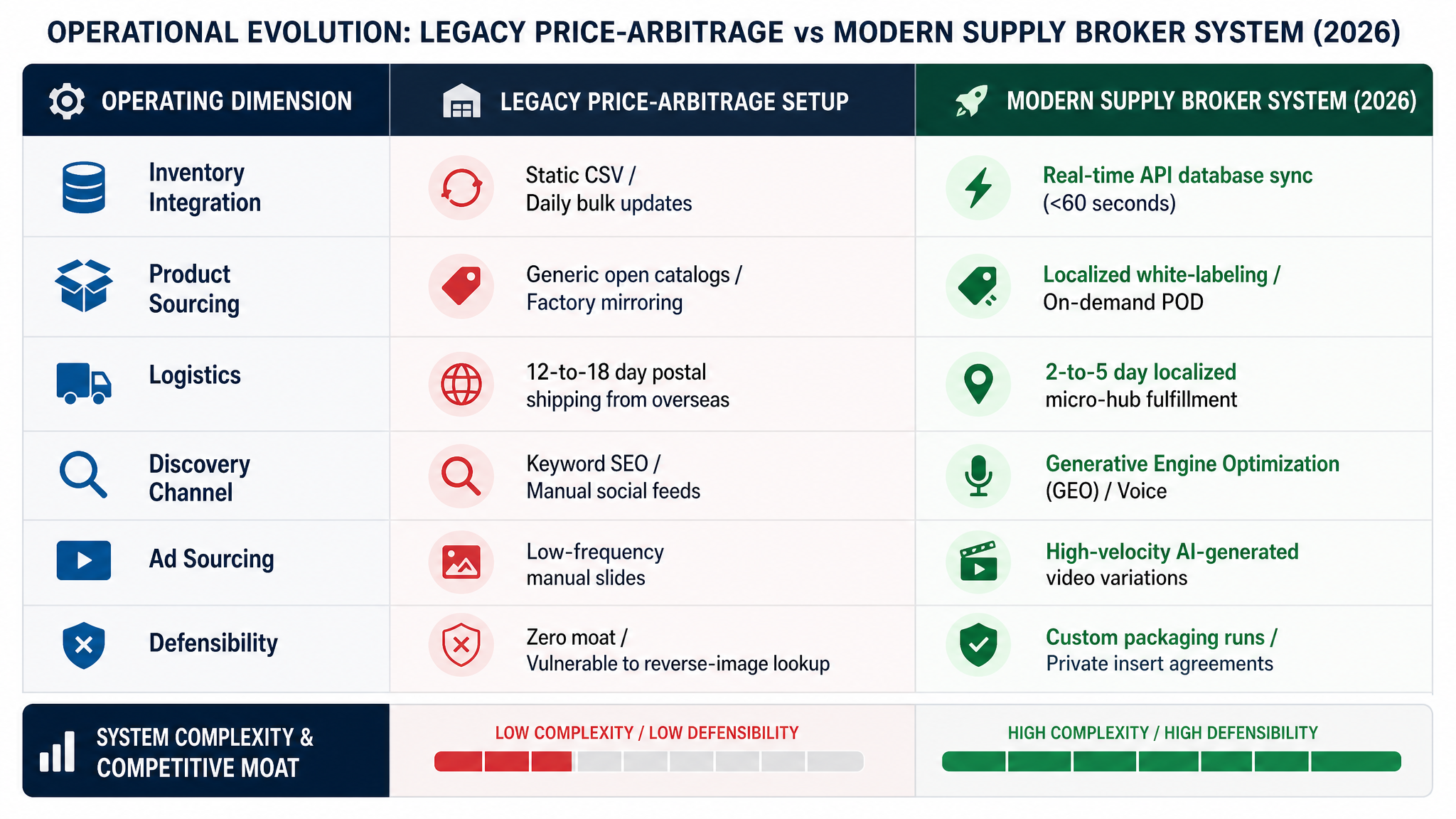 Strategic comparison diagram illustrating dropshipping companies shopify models — Contrasting legacy direct-from-factory pricing loops with 2026 autonomous supply systems featuring API integration and value-add customization.