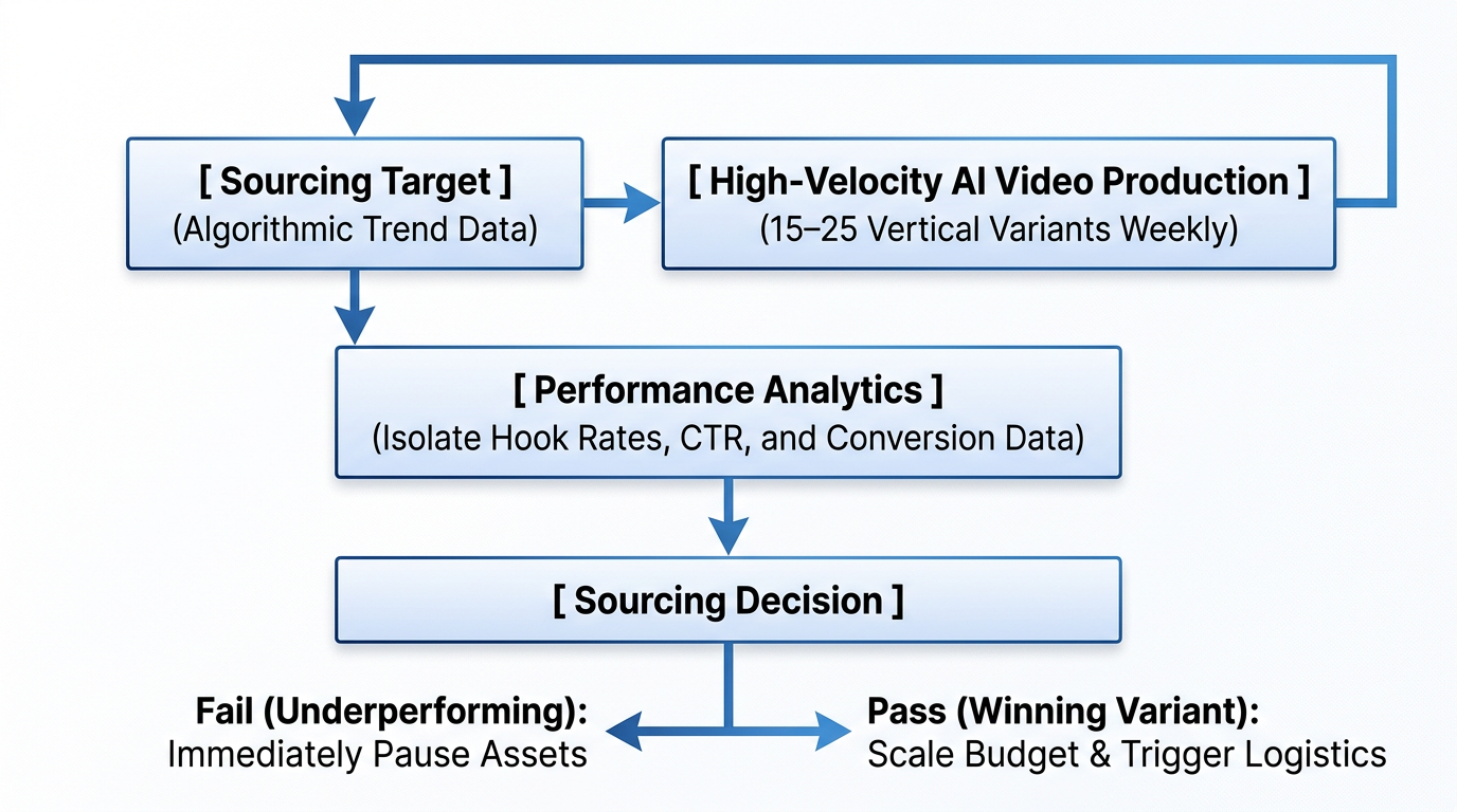 Sourcing validation flowchart illustrating high velocity product validation loop