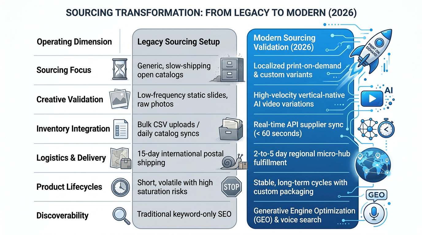 Diagram comparing legacy unoptimized dropshipping supply stacks with dynamic algorithmic testing systems