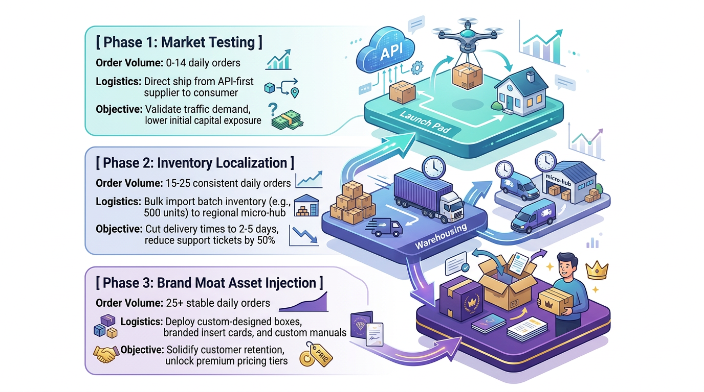 Progressive timeline tracking product migration steps from overseas factories to regional micro hubs