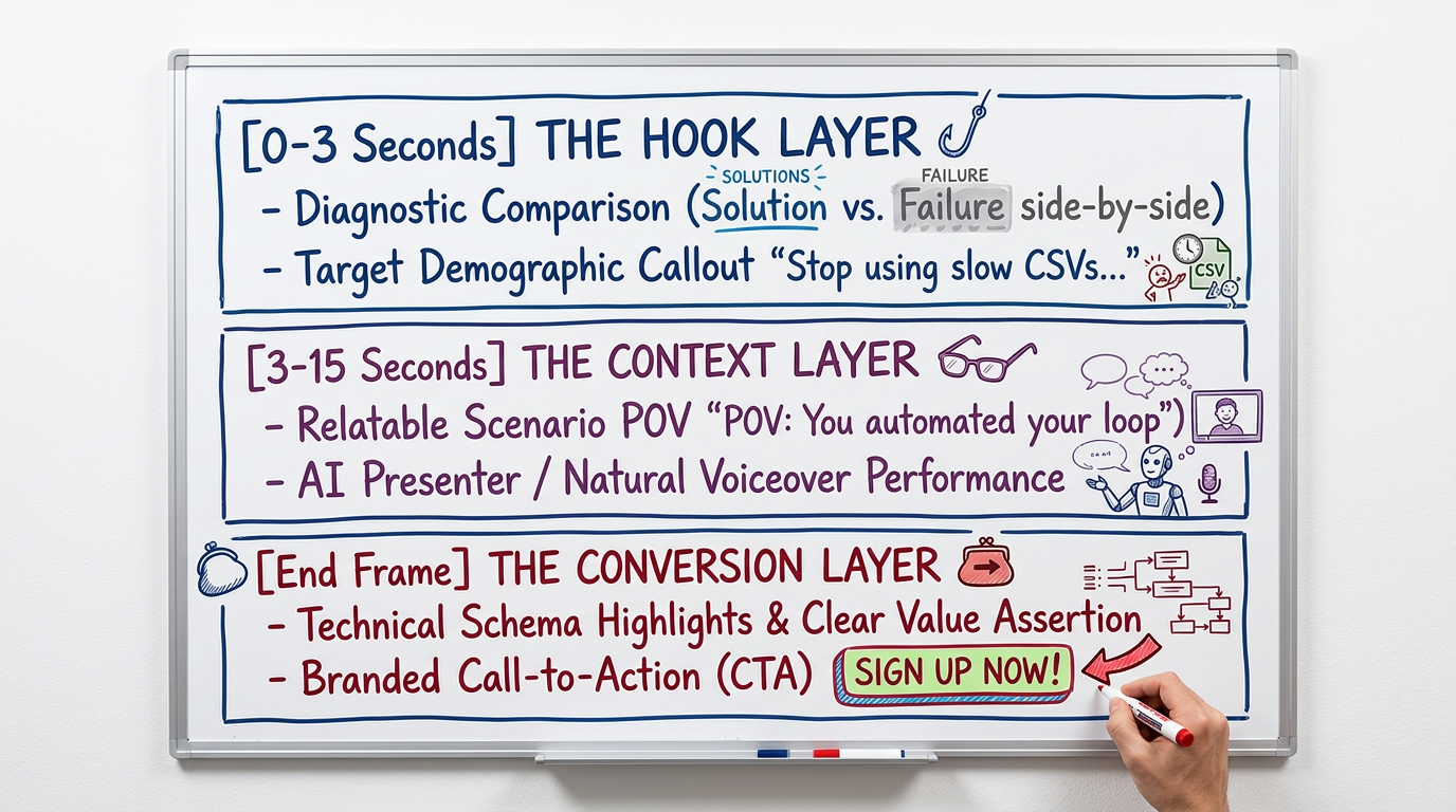 Ad framework diagram showing layout of social video ad pattern interrupts